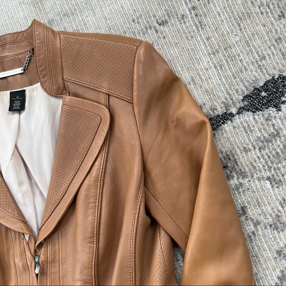 💔 SOLD 💔 White House Black Market Leather Peplum Jacket in Camel - Picture 3 of 16